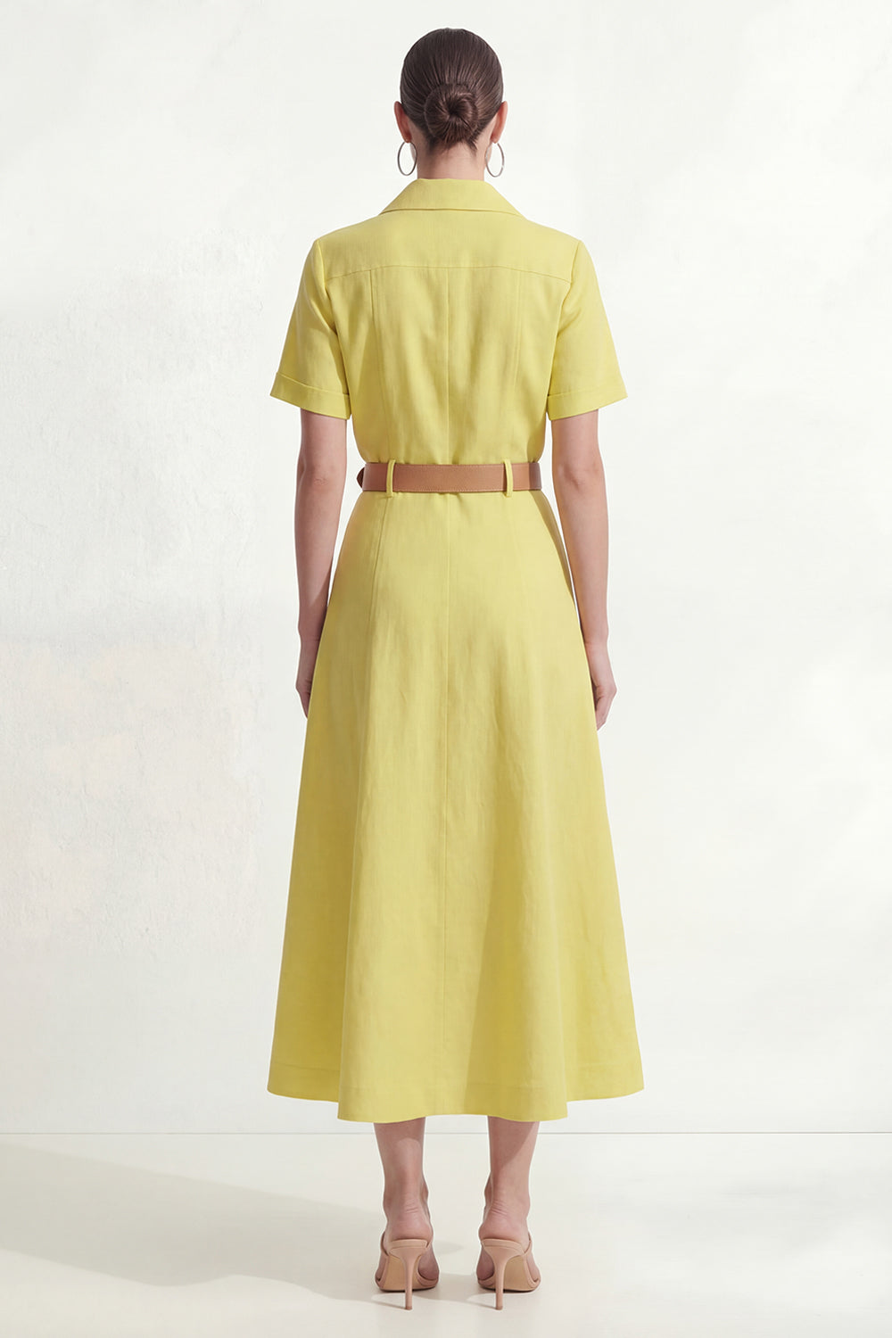 Lemon Yellow Lapel Neck A Line Long Work Dress with Sleeves