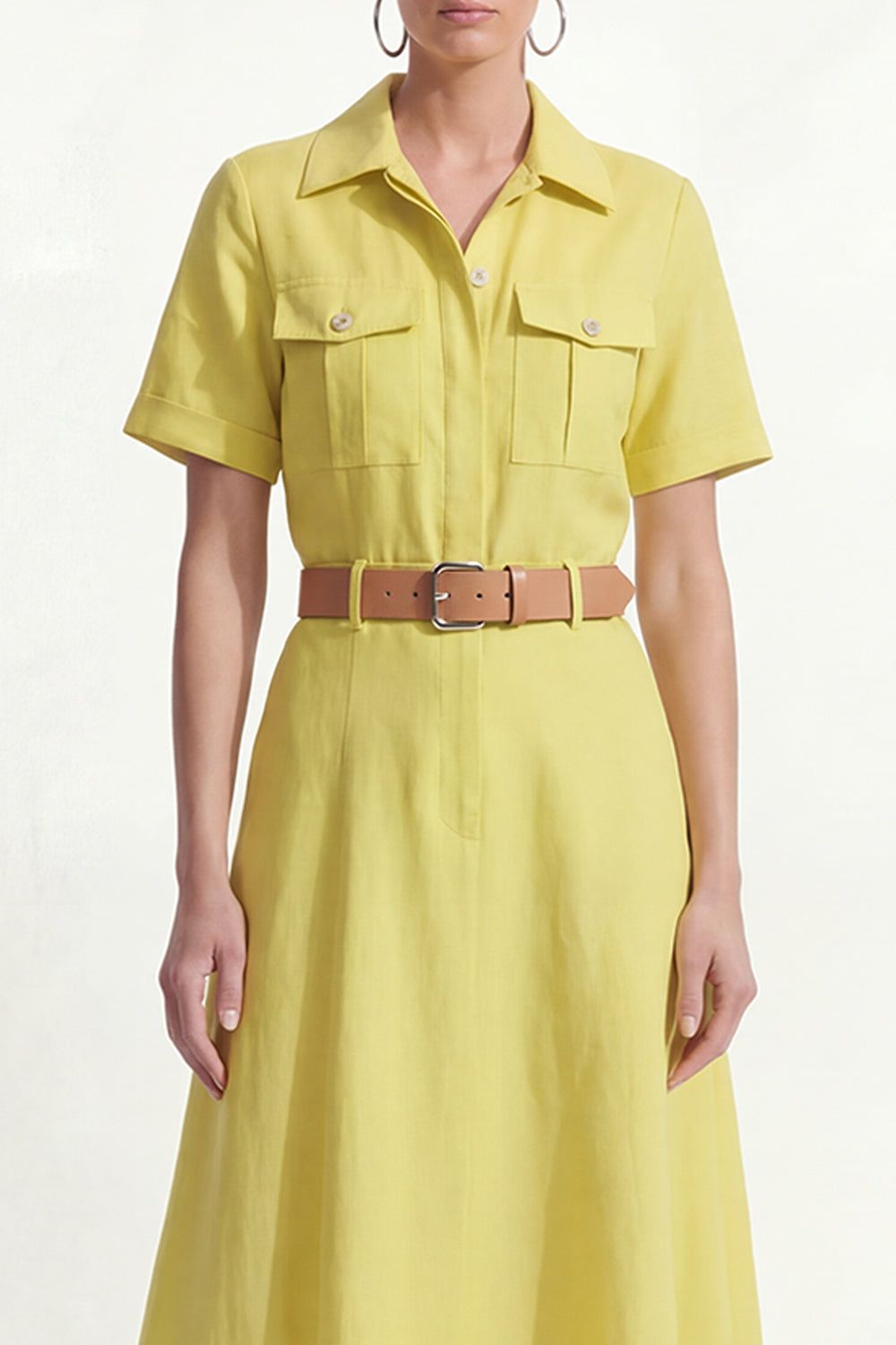 Lemon Yellow Lapel Neck A Line Long Work Dress with Sleeves