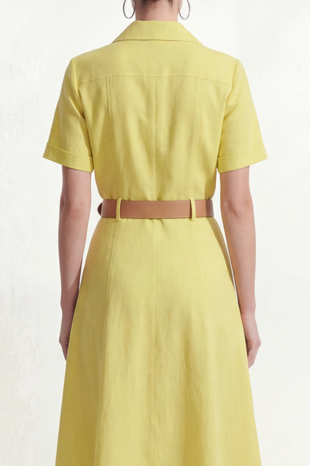 Lemon Yellow Lapel Neck A Line Long Work Dress with Sleeves
