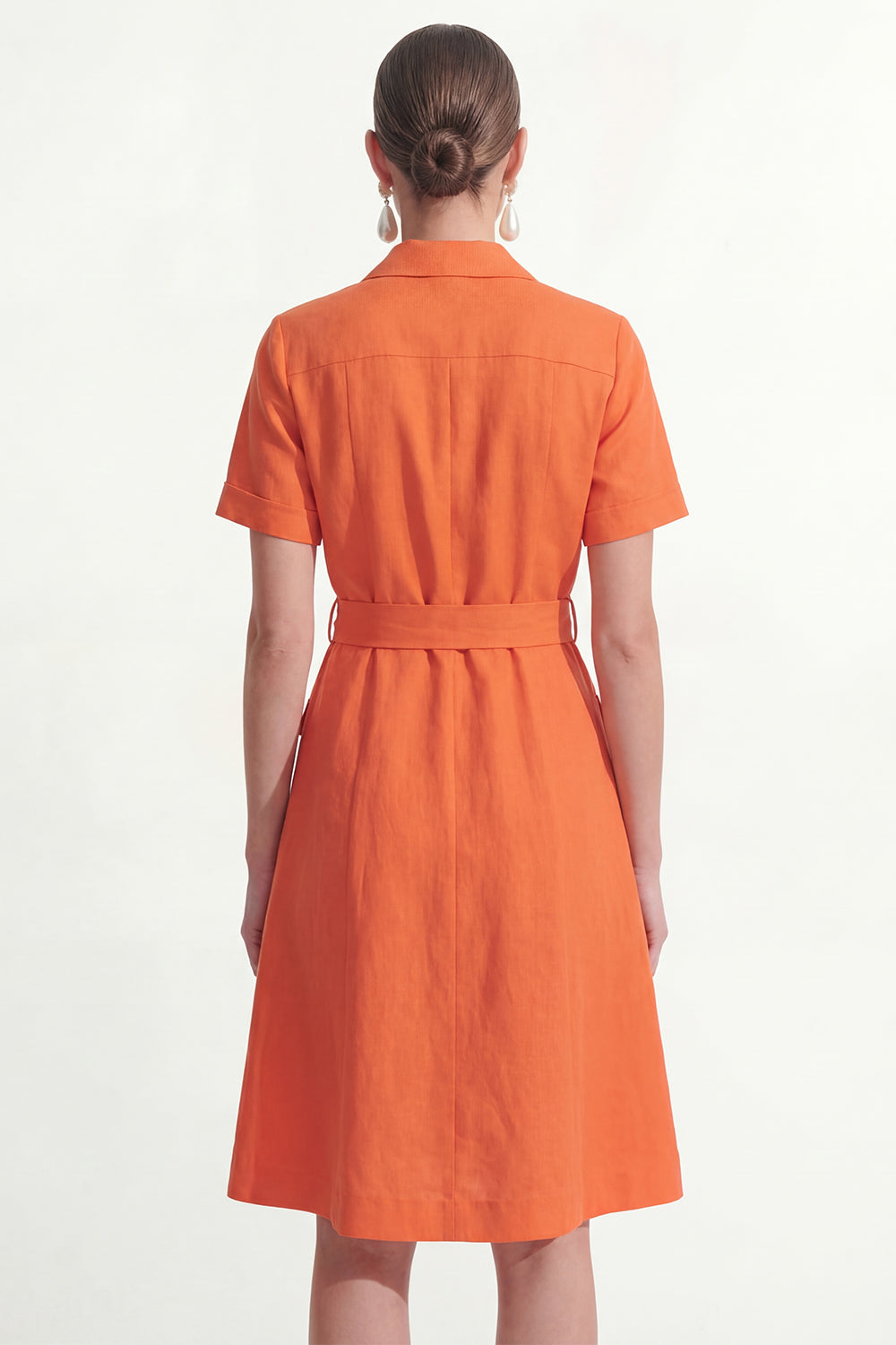 Orange Notched Lapel Single Breasted Midi Work Dress with Sleeves