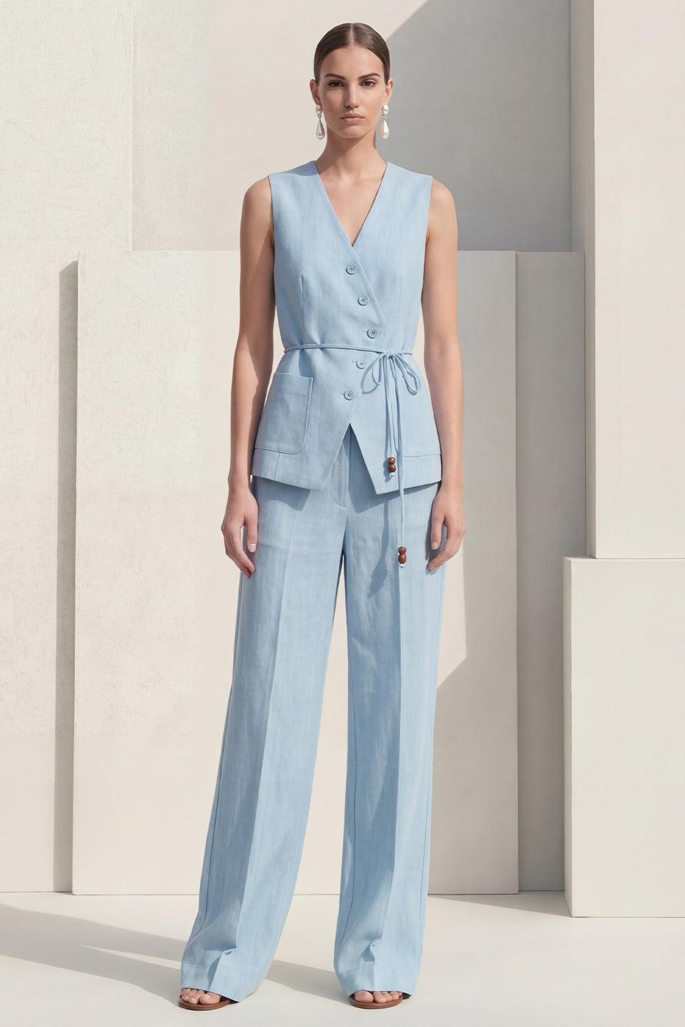 Blue 2 Piece Single Breasted V Neck Sleeveless Business Suits