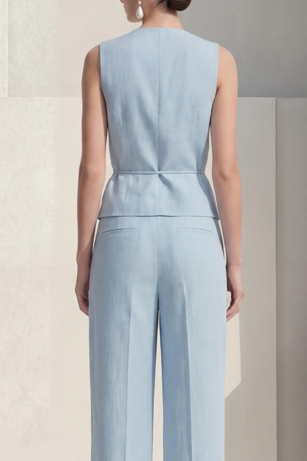 Blue 2 Piece Single Breasted V Neck Sleeveless Business Suits