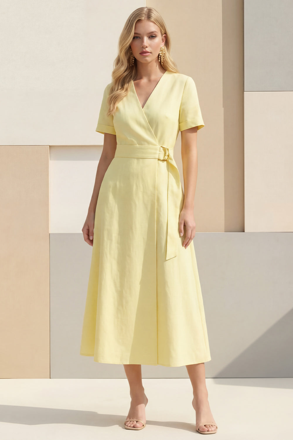 Light Yellow A Line V Neck Short Sleeves Work Dress with Sash