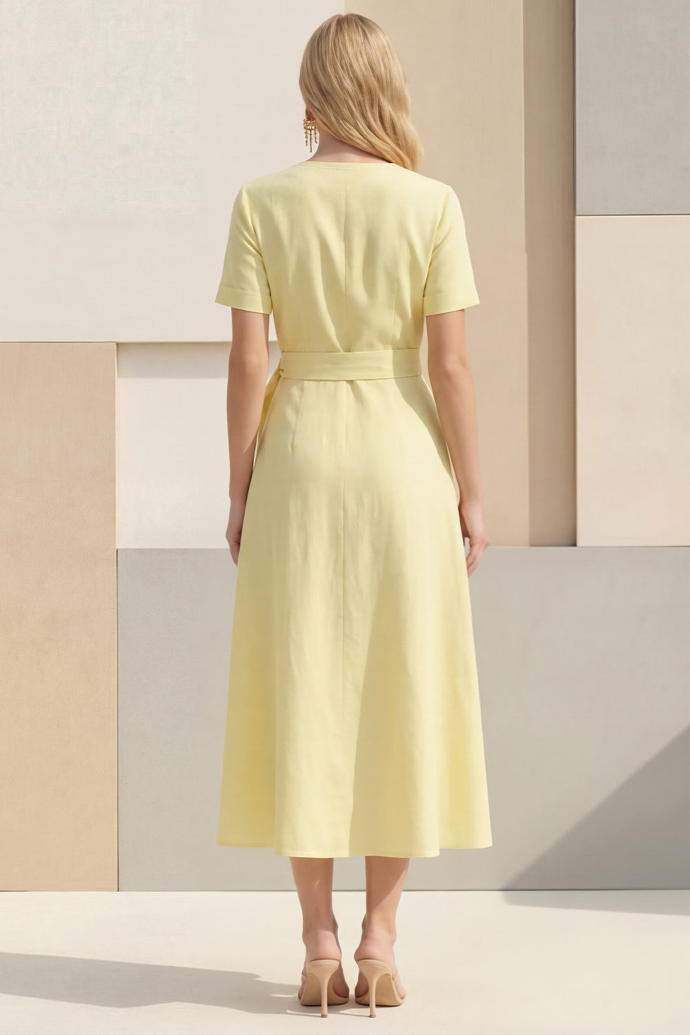 Light Yellow A Line V Neck Short Sleeves Work Dress with Sash