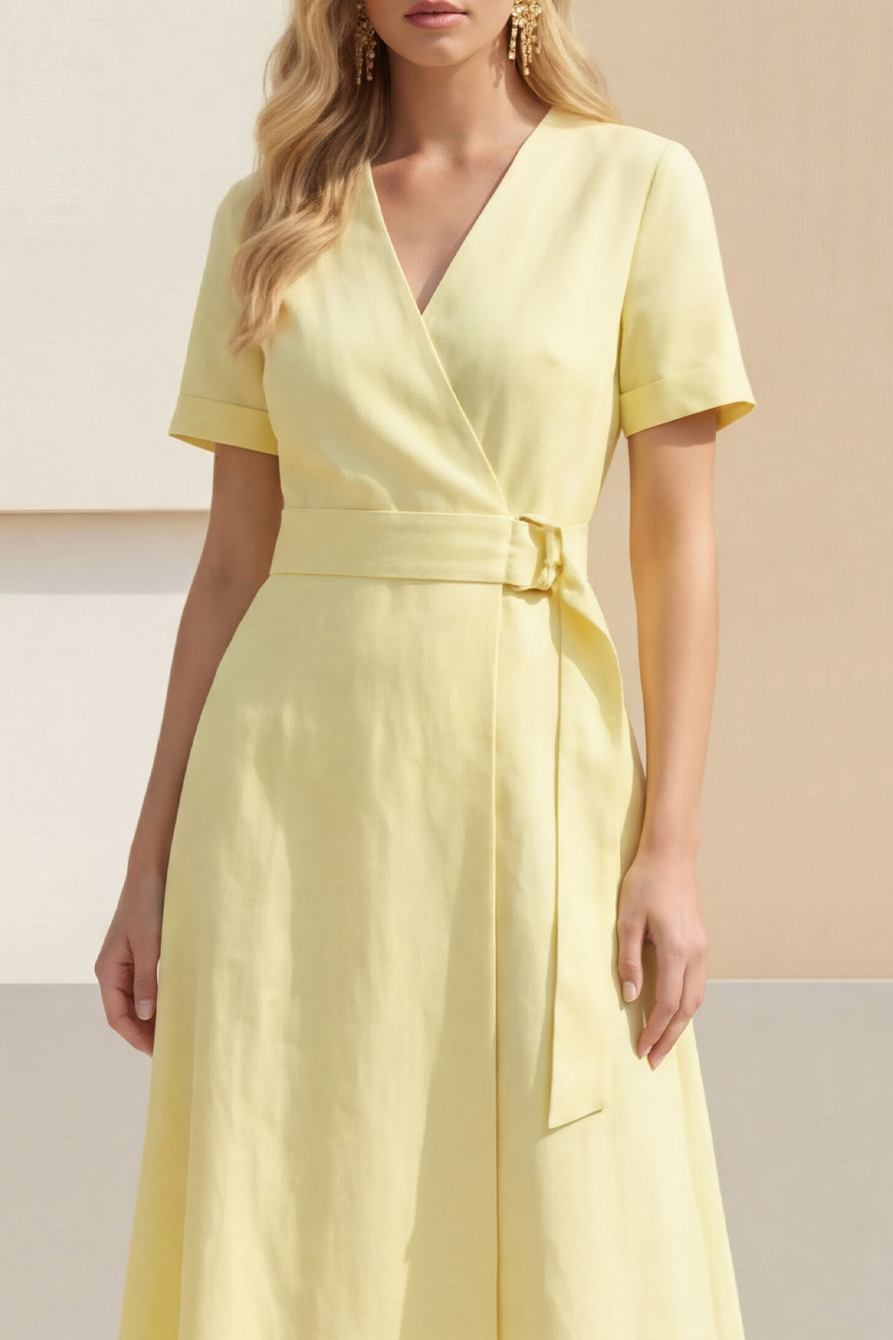 Light Yellow A Line V Neck Short Sleeves Work Dress with Sash
