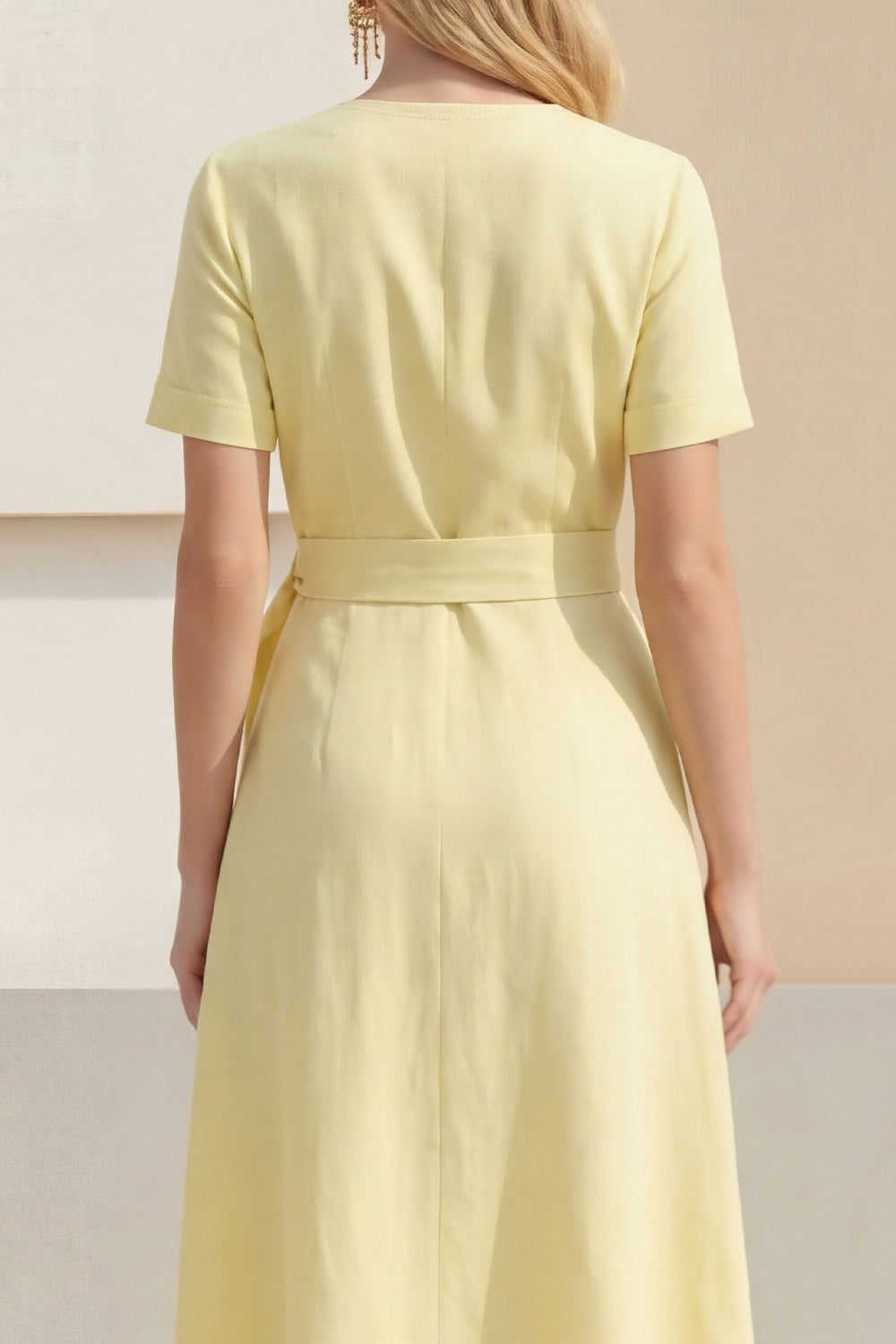Light Yellow A Line V Neck Short Sleeves Work Dress with Sash