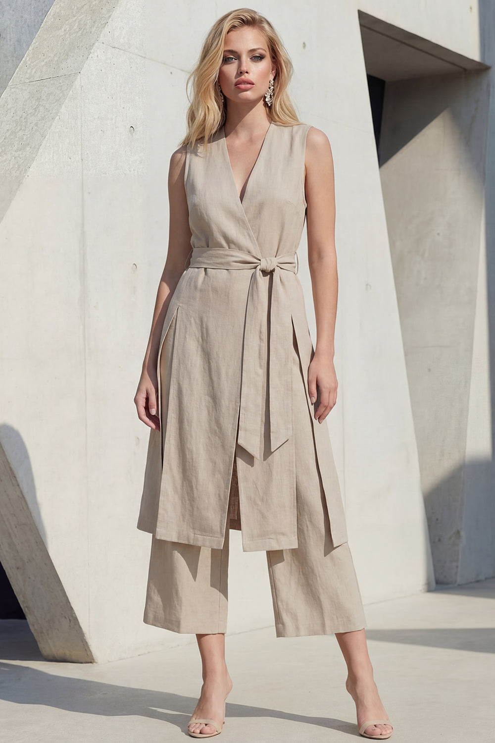 Khaki 2 Piece V Neck Wide Leg Business Suits with Sash
