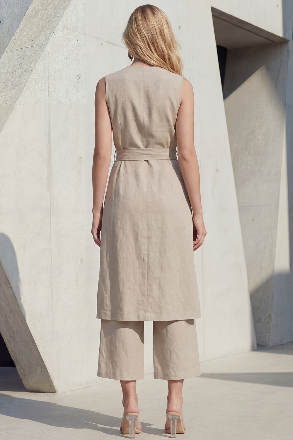 Khaki 2 Piece V Neck Wide Leg Business Suits with Sash