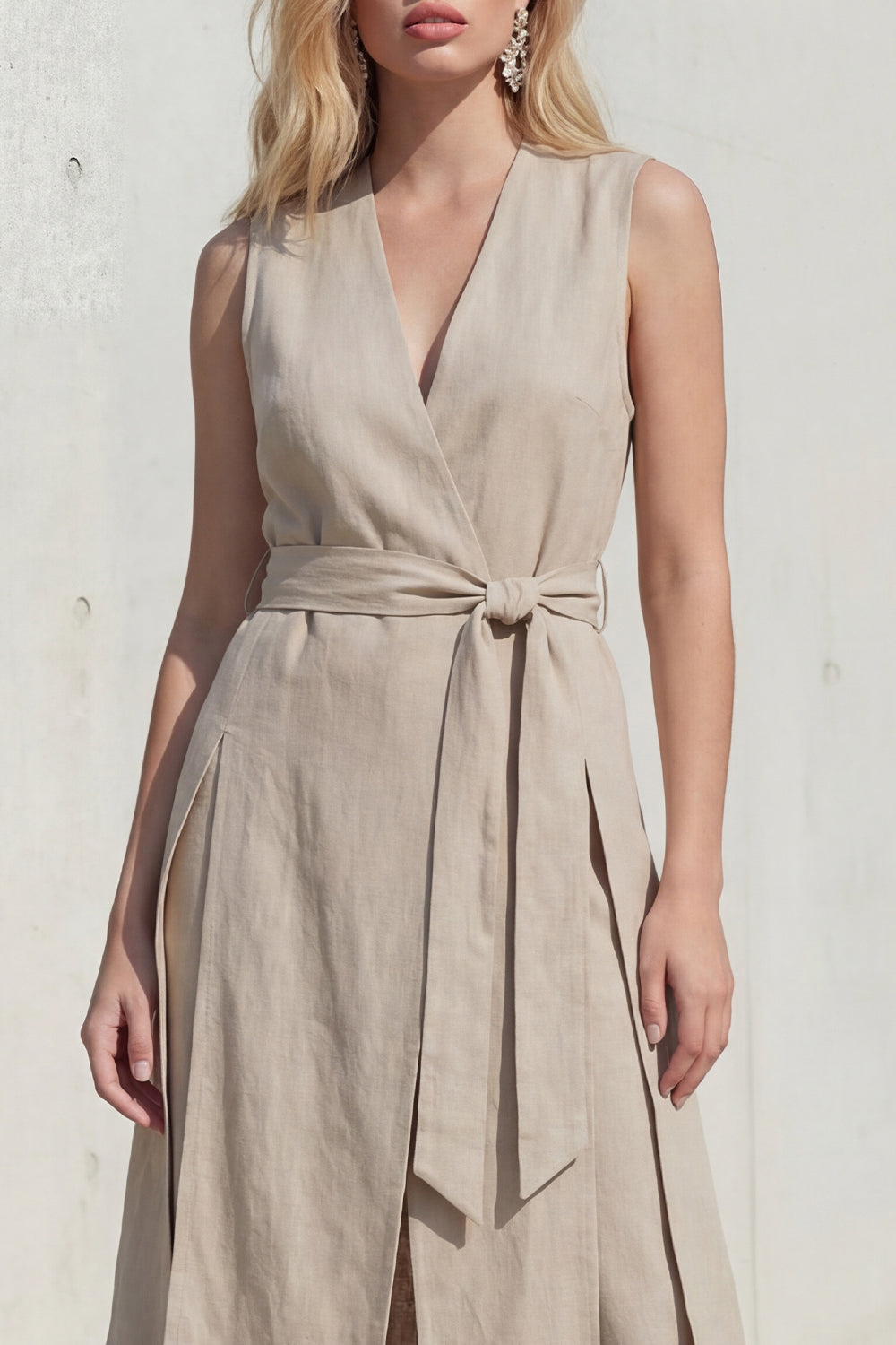 Khaki 2 Piece V Neck Wide Leg Business Suits with Sash