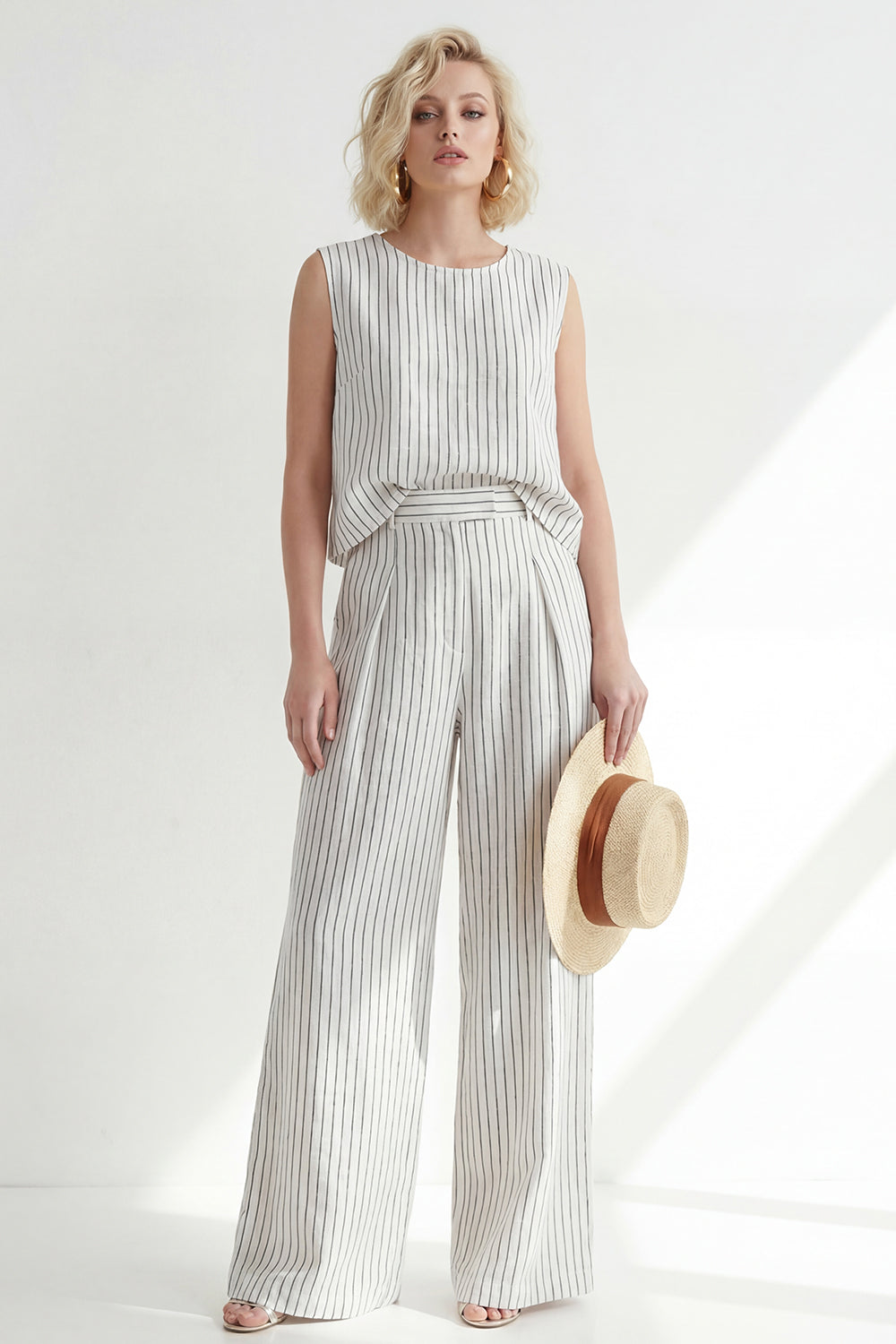 2 Piece White Round Neck Striped Sleeveless Wide Leg Business Suits