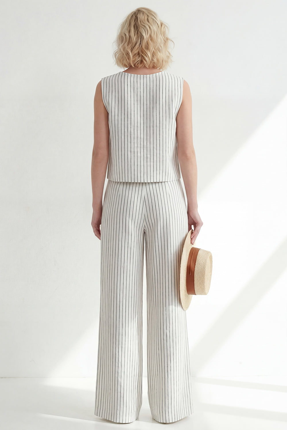 2 Piece White Round Neck Striped Sleeveless Wide Leg Business Suits