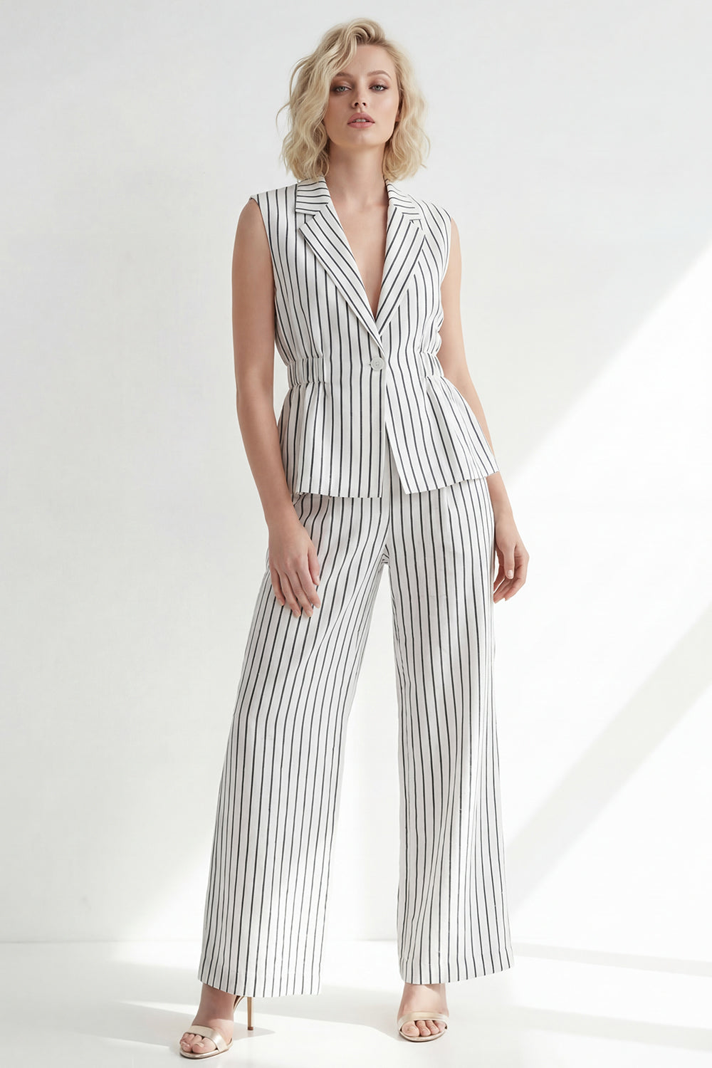 2 Piece White Striped Single Breasted Notched Lapel Wide Leg Business Suits