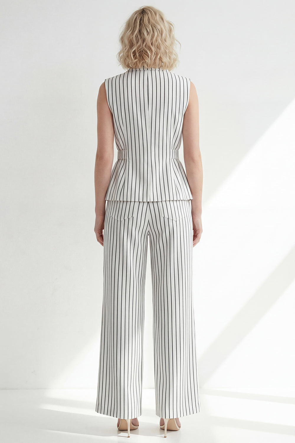 2 Piece White Striped Single Breasted Notched Lapel Wide Leg Business Suits