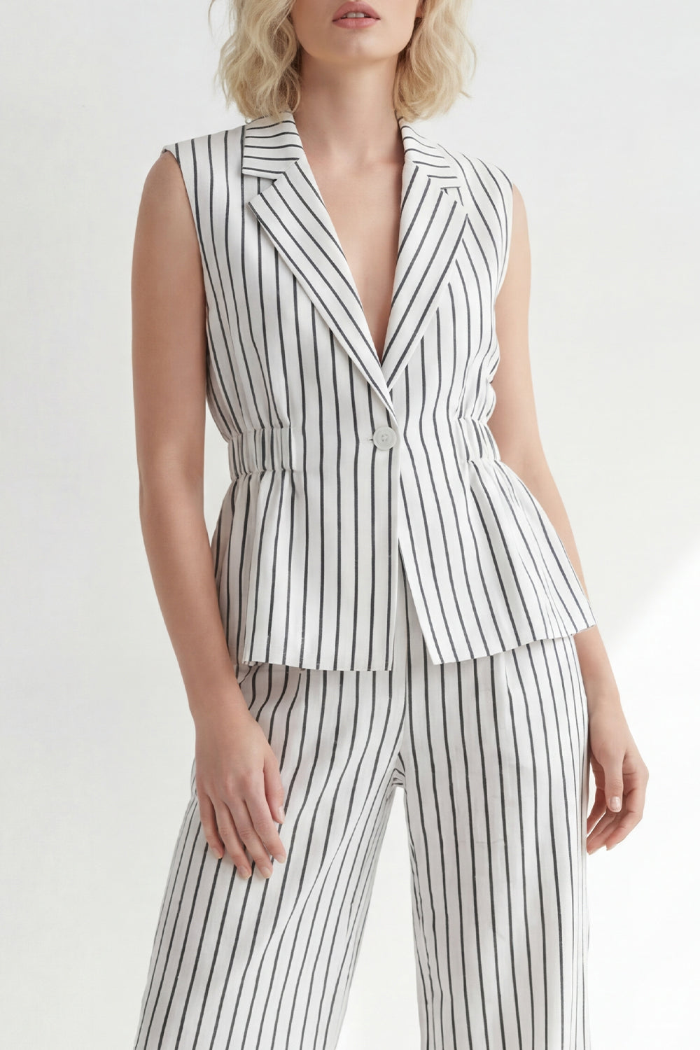2 Piece White Striped Single Breasted Notched Lapel Wide Leg Business Suits