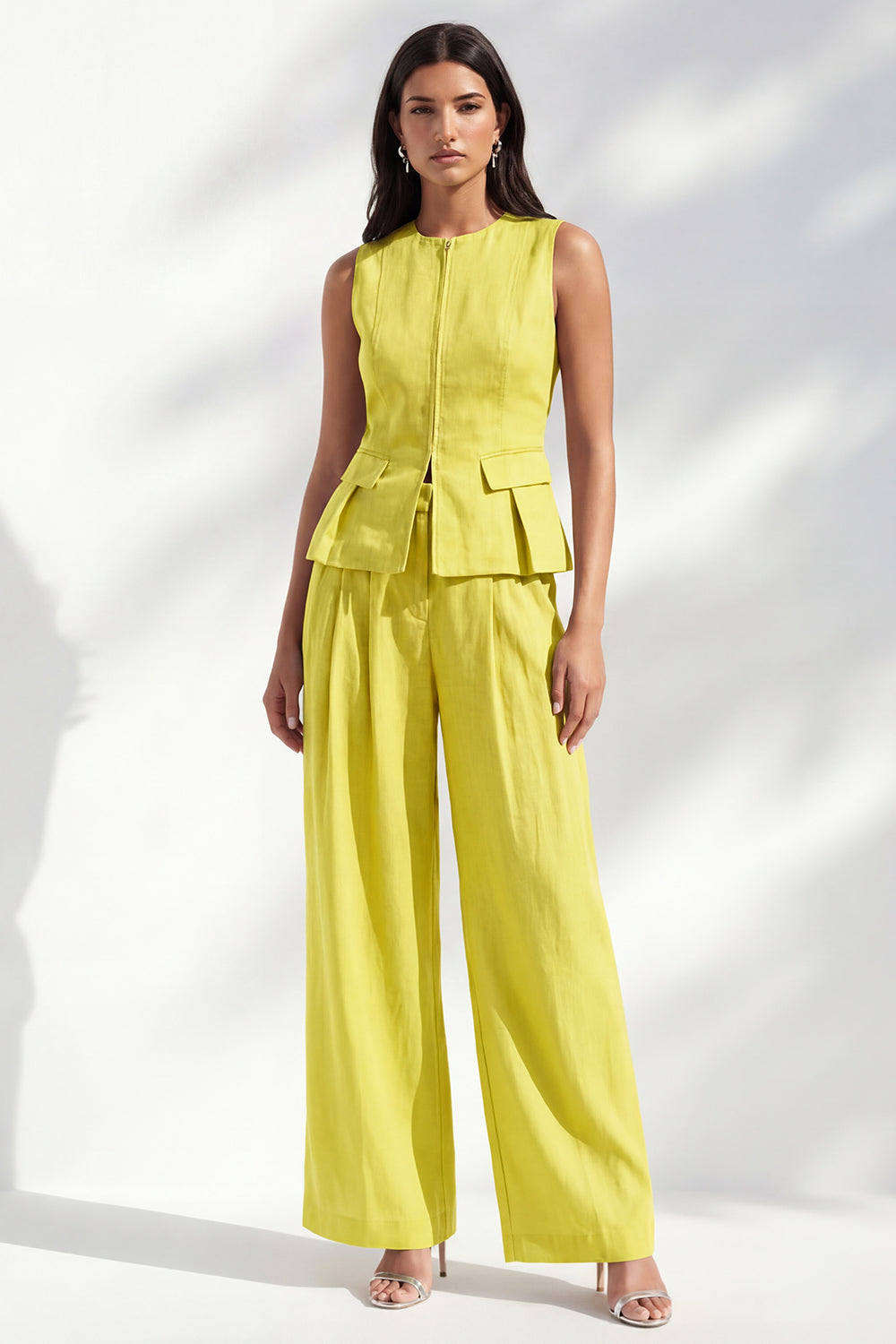 Lemon Yellow 2 Piece Round Neck Sleeveless Wide Leg Business Suits