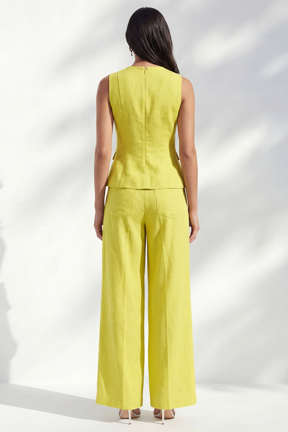 Lemon Yellow 2 Piece Round Neck Sleeveless Wide Leg Business Suits