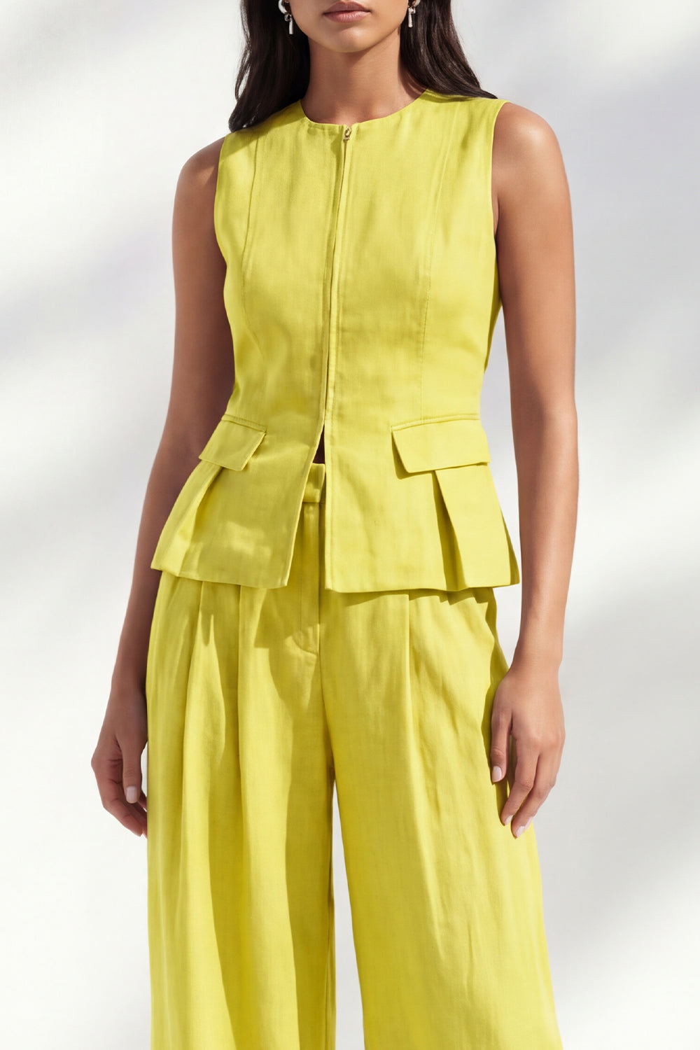Lemon Yellow 2 Piece Round Neck Sleeveless Wide Leg Business Suits