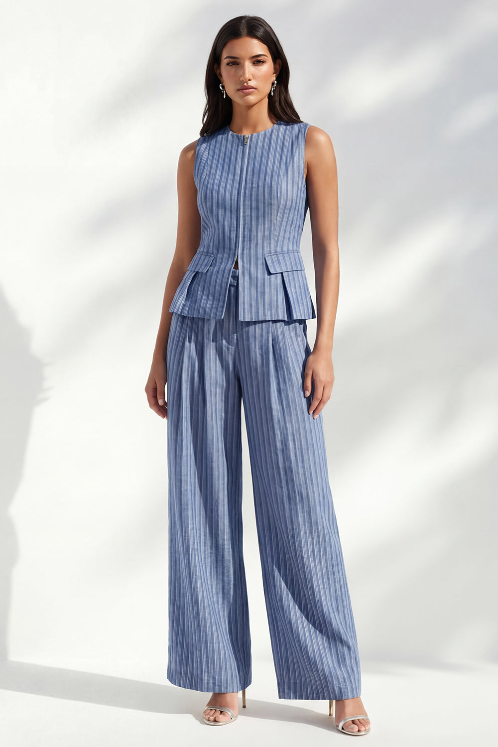 Dark Blue 2 Piece Striped Round Neck Wide Leg Business Suits