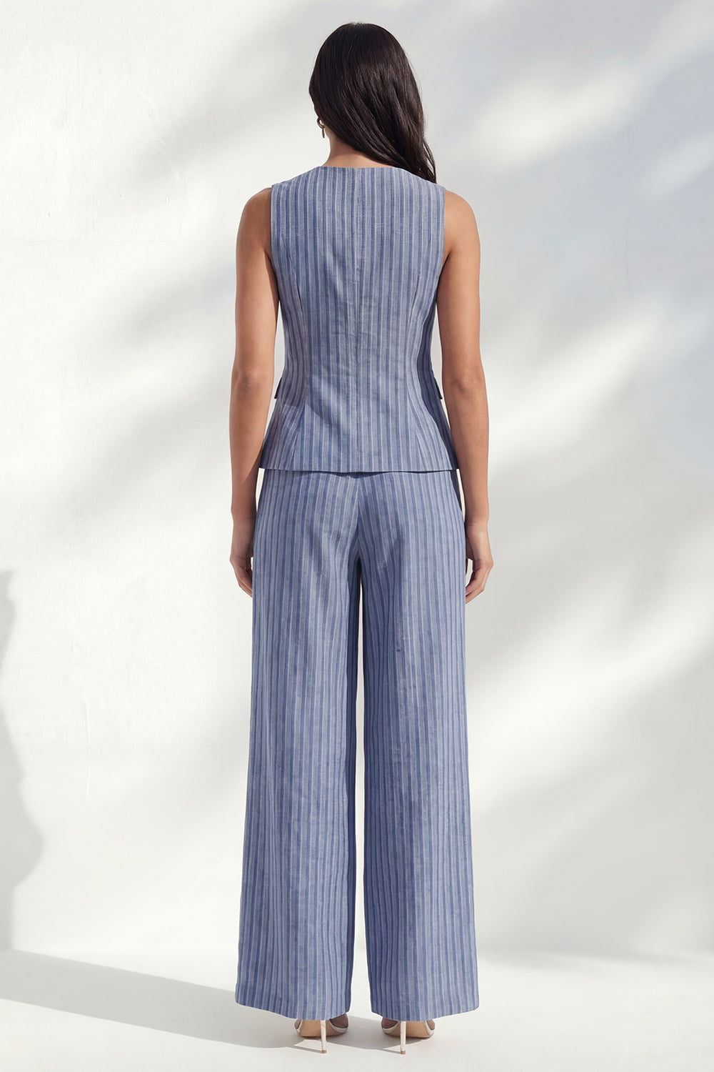 Dark Blue 2 Piece Striped Round Neck Wide Leg Business Suits