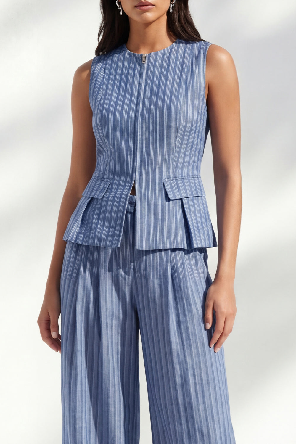 Dark Blue 2 Piece Striped Round Neck Wide Leg Business Suits