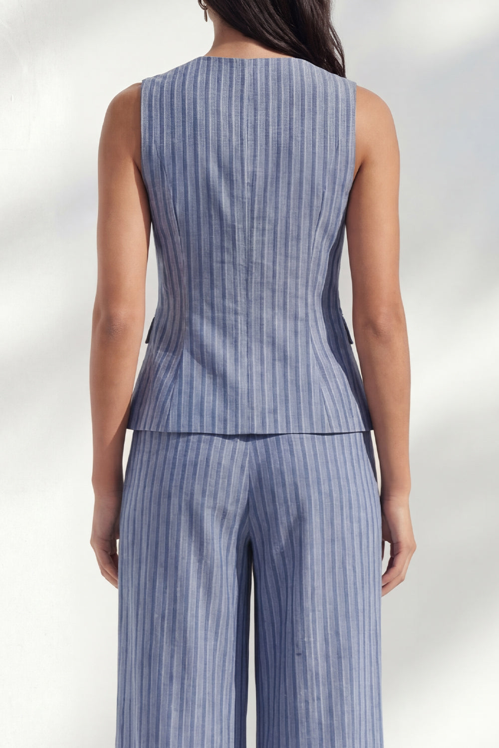 Dark Blue 2 Piece Striped Round Neck Wide Leg Business Suits