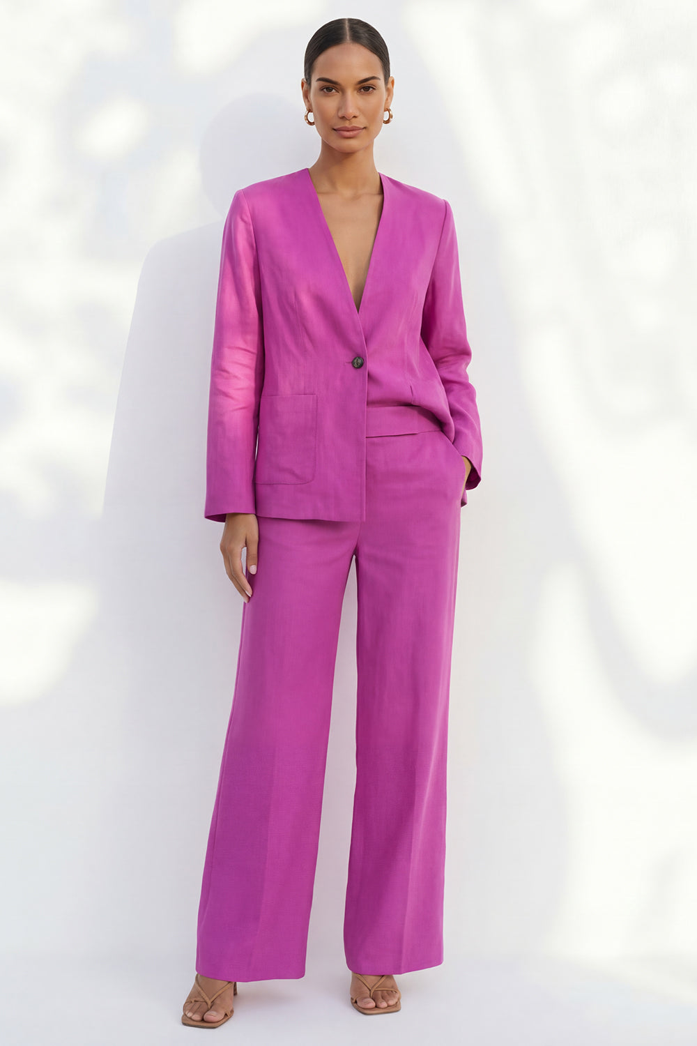 Fuchsia 2 Piece V Neck Long Sleeves Business Suits with Pockets