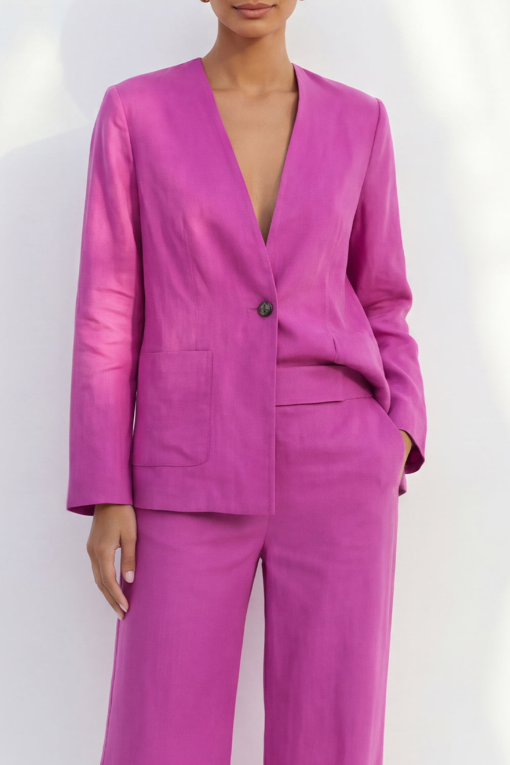 Fuchsia 2 Piece V Neck Long Sleeves Business Suits with Pockets