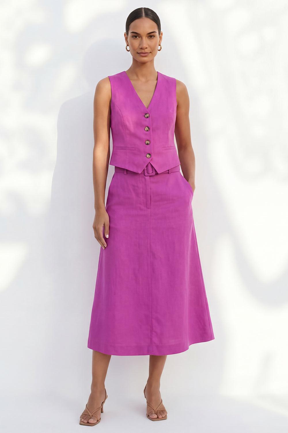 Single Breasted Fuchsia 2 Piece Sleeveless Business Suits with Pockets