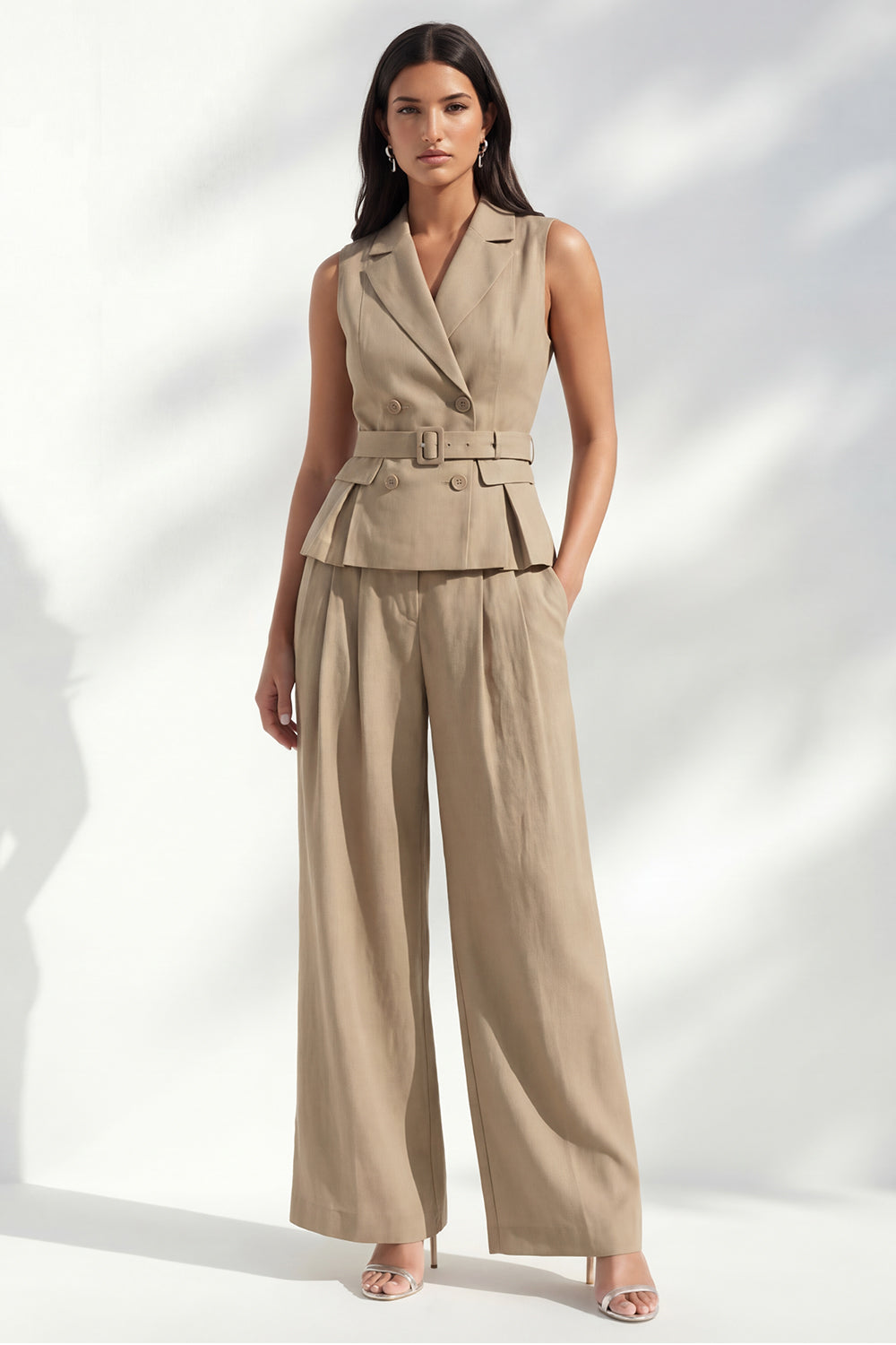 2 Piece Khaki Notched Lapel Double Breasted Business Suits with Pockets