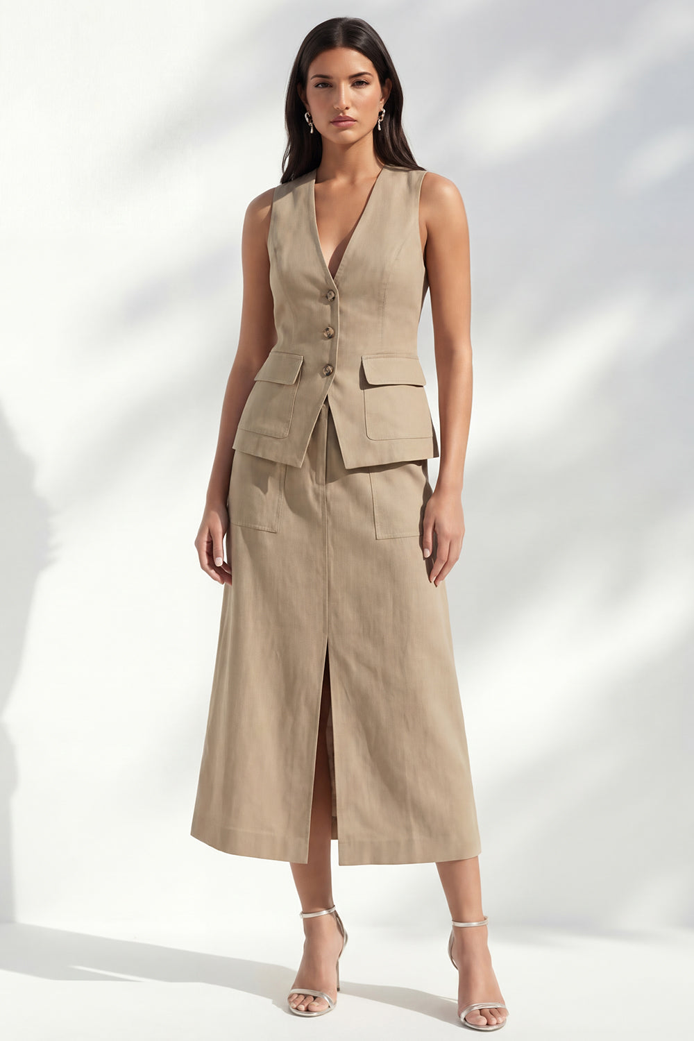 Khaki 2 Piece V Neck Single Breasted Business Suits with Slit