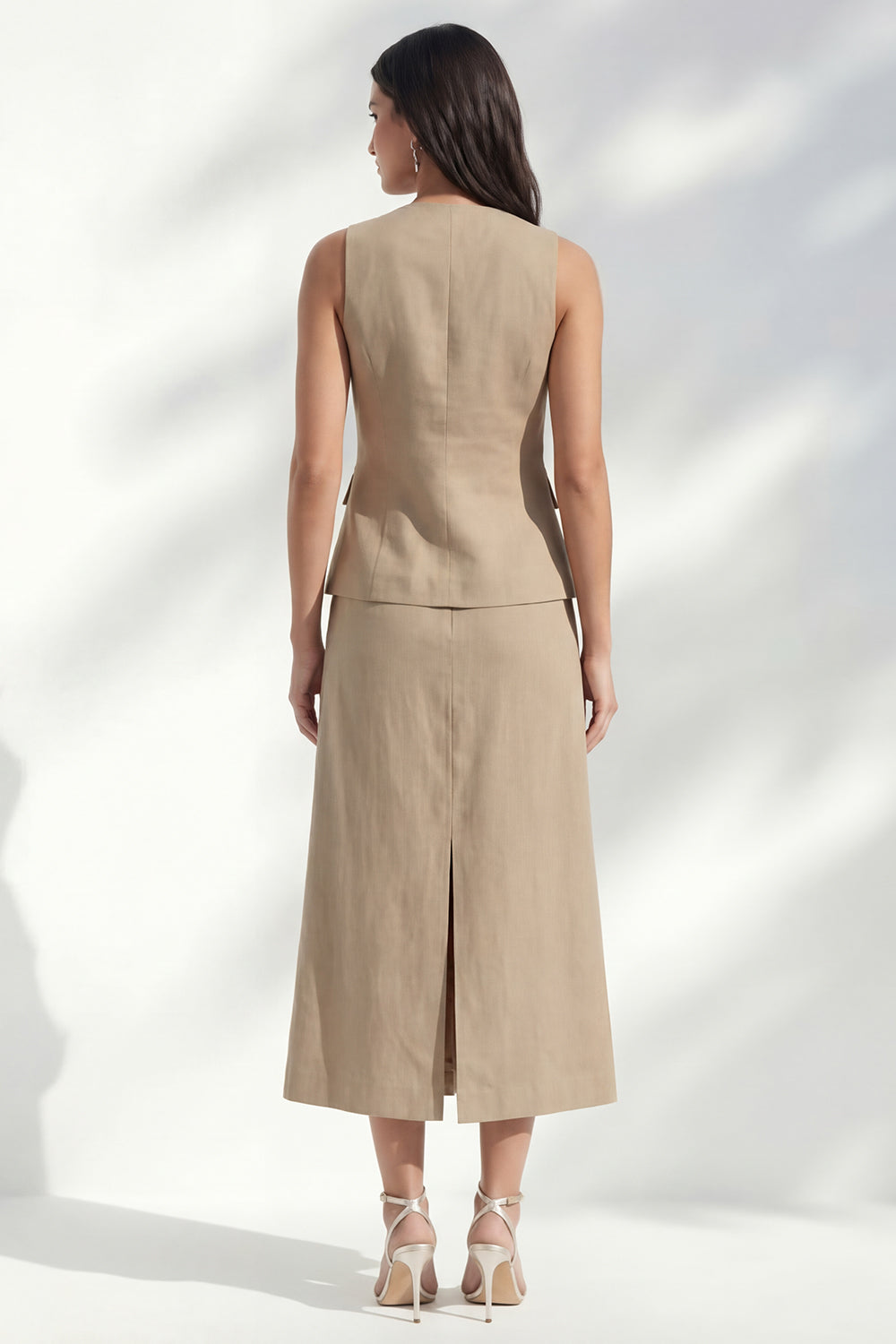Khaki 2 Piece V Neck Single Breasted Business Suits with Slit