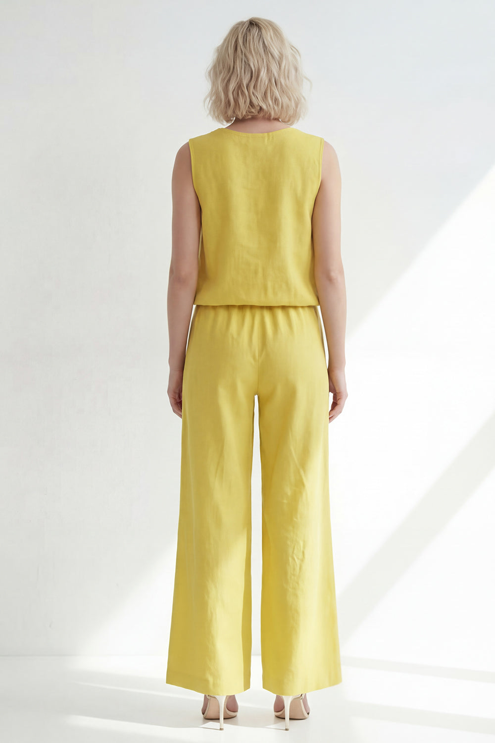 Butter Yellow 2 Piece V-Neck Wide Leg Sleeveless Business Suits