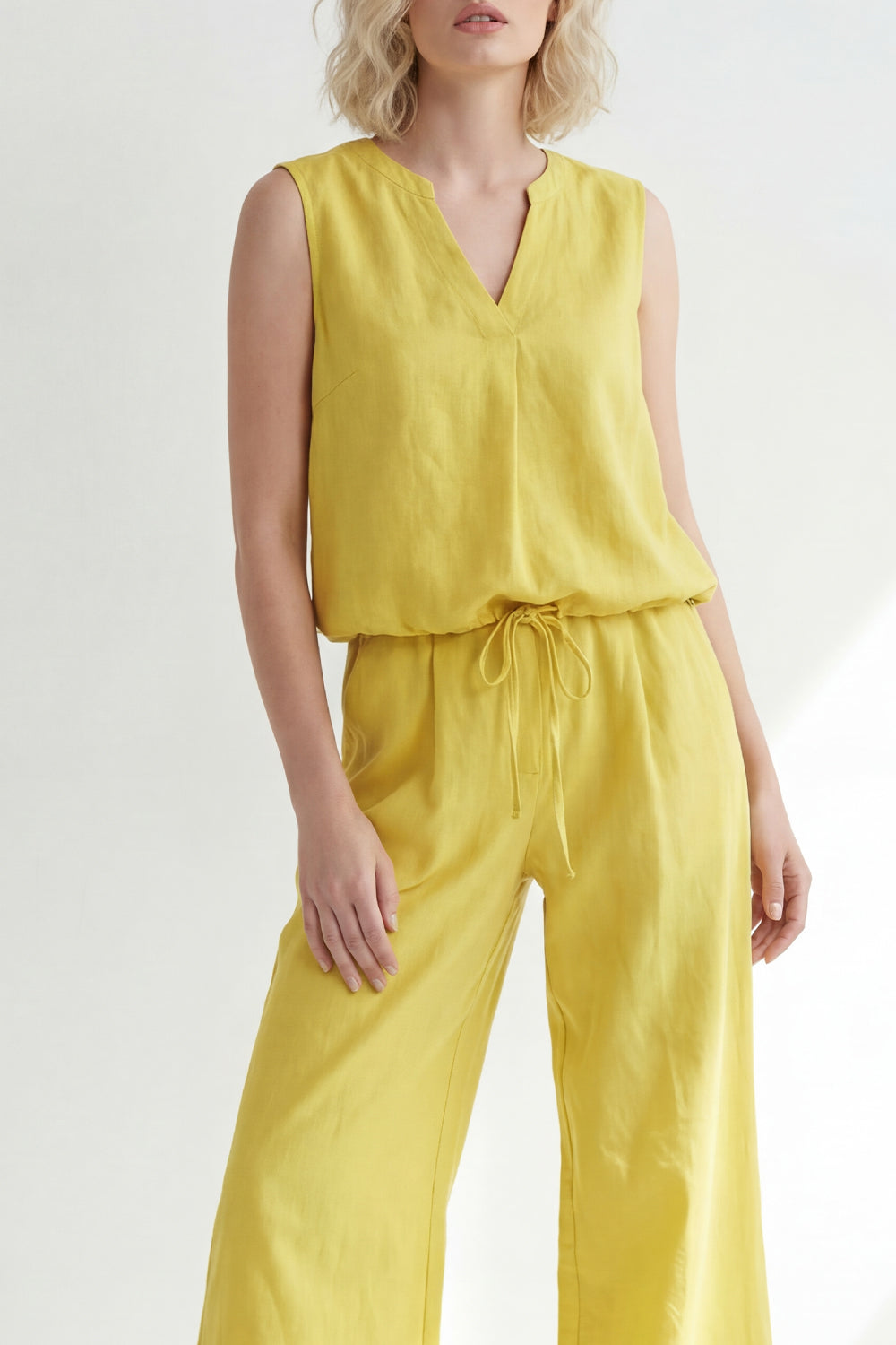 Butter Yellow 2 Piece V-Neck Wide Leg Sleeveless Business Suits