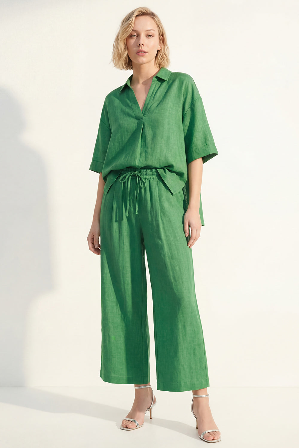 Green 2 Piece Half Sleeves Lapel Neck Wide Leg Business Suits