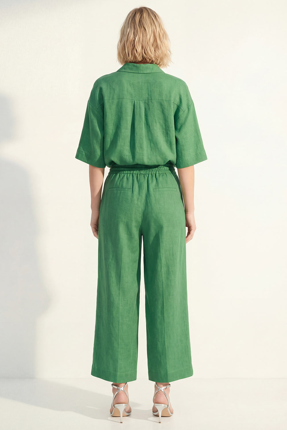 Green 2 Piece Half Sleeves Lapel Neck Wide Leg Business Suits