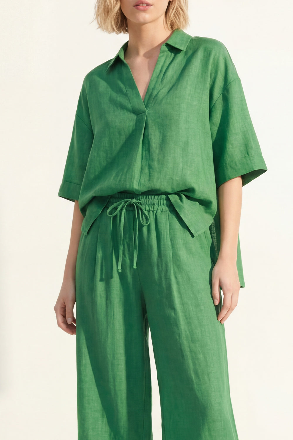 Green 2 Piece Half Sleeves Lapel Neck Wide Leg Business Suits