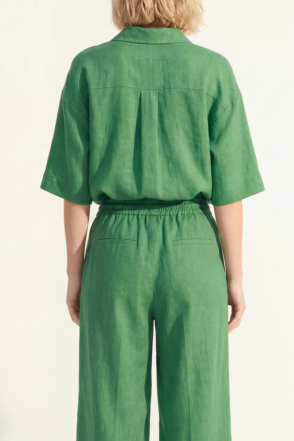 Green 2 Piece Half Sleeves Lapel Neck Wide Leg Business Suits