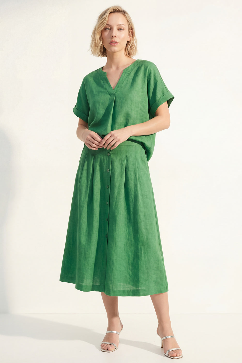 Green V-Neck 2 Piece Long Business Suits with Sleeves