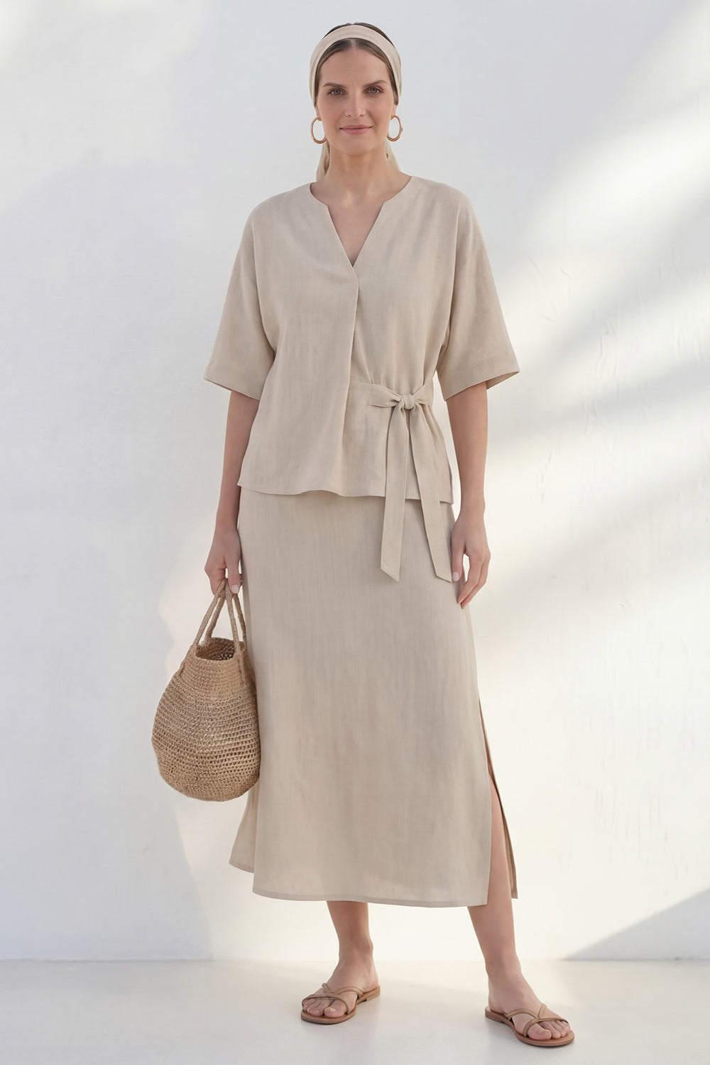 Khaki 2 Piece Half Sleeves V-Neck Business Suits with Slit
