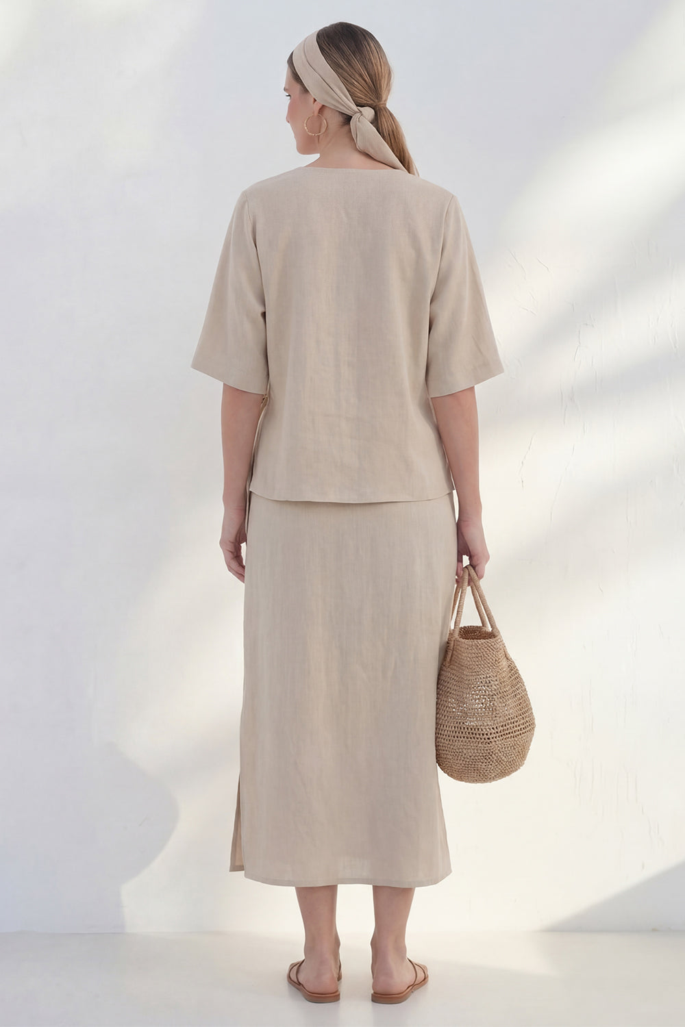 Khaki 2 Piece Half Sleeves V-Neck Business Suits with Slit