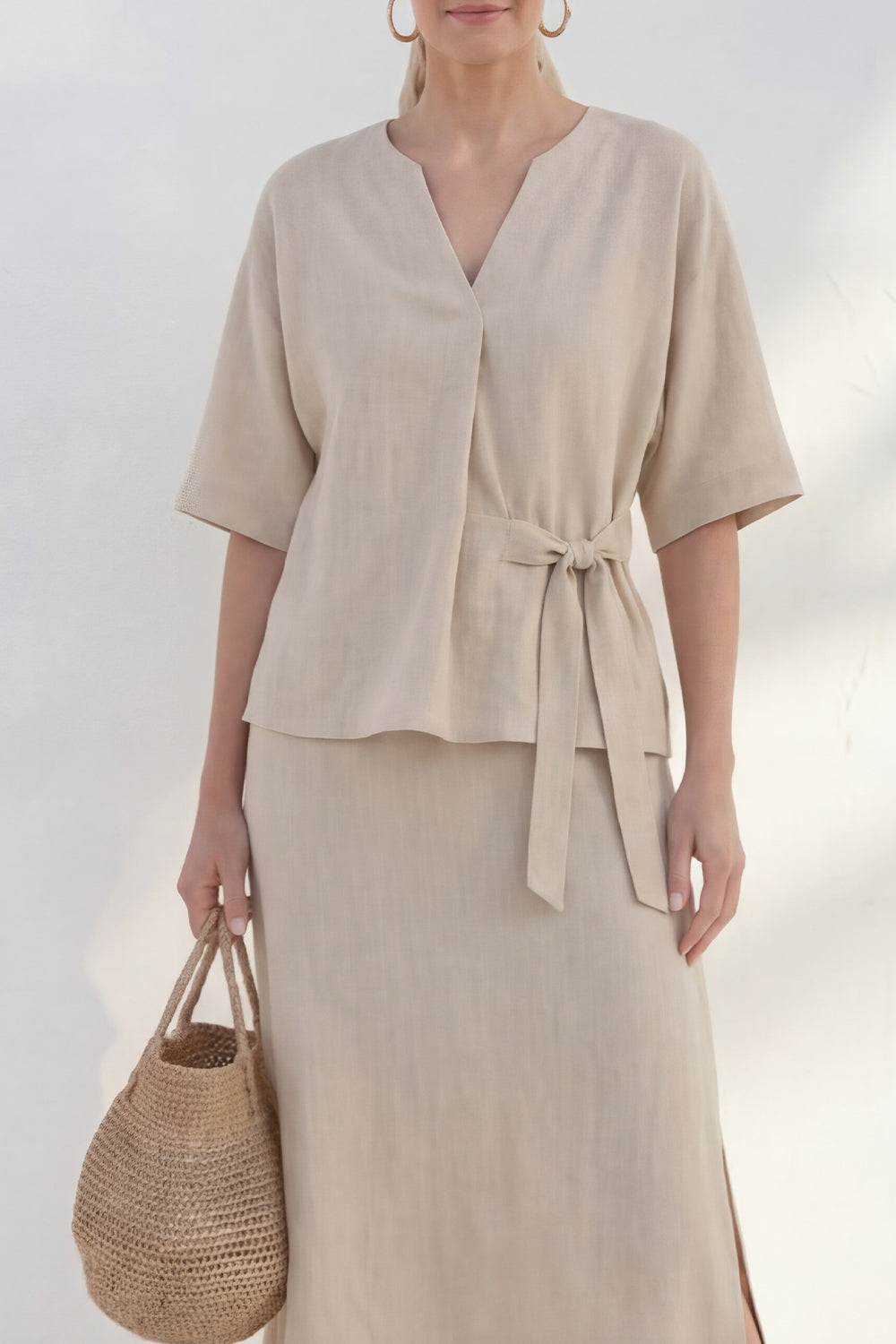 Khaki 2 Piece Half Sleeves V-Neck Business Suits with Slit