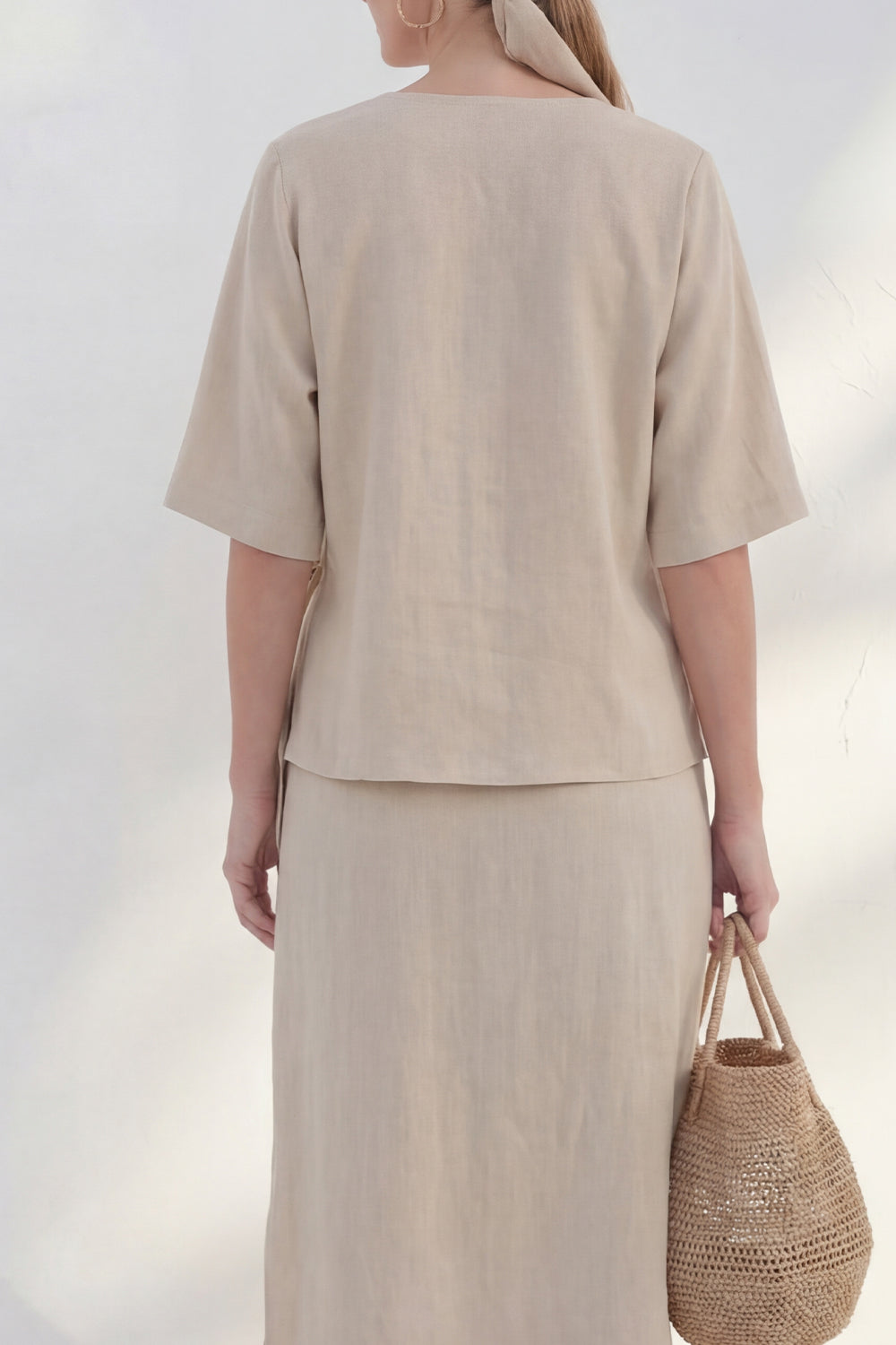 Khaki 2 Piece Half Sleeves V-Neck Business Suits with Slit