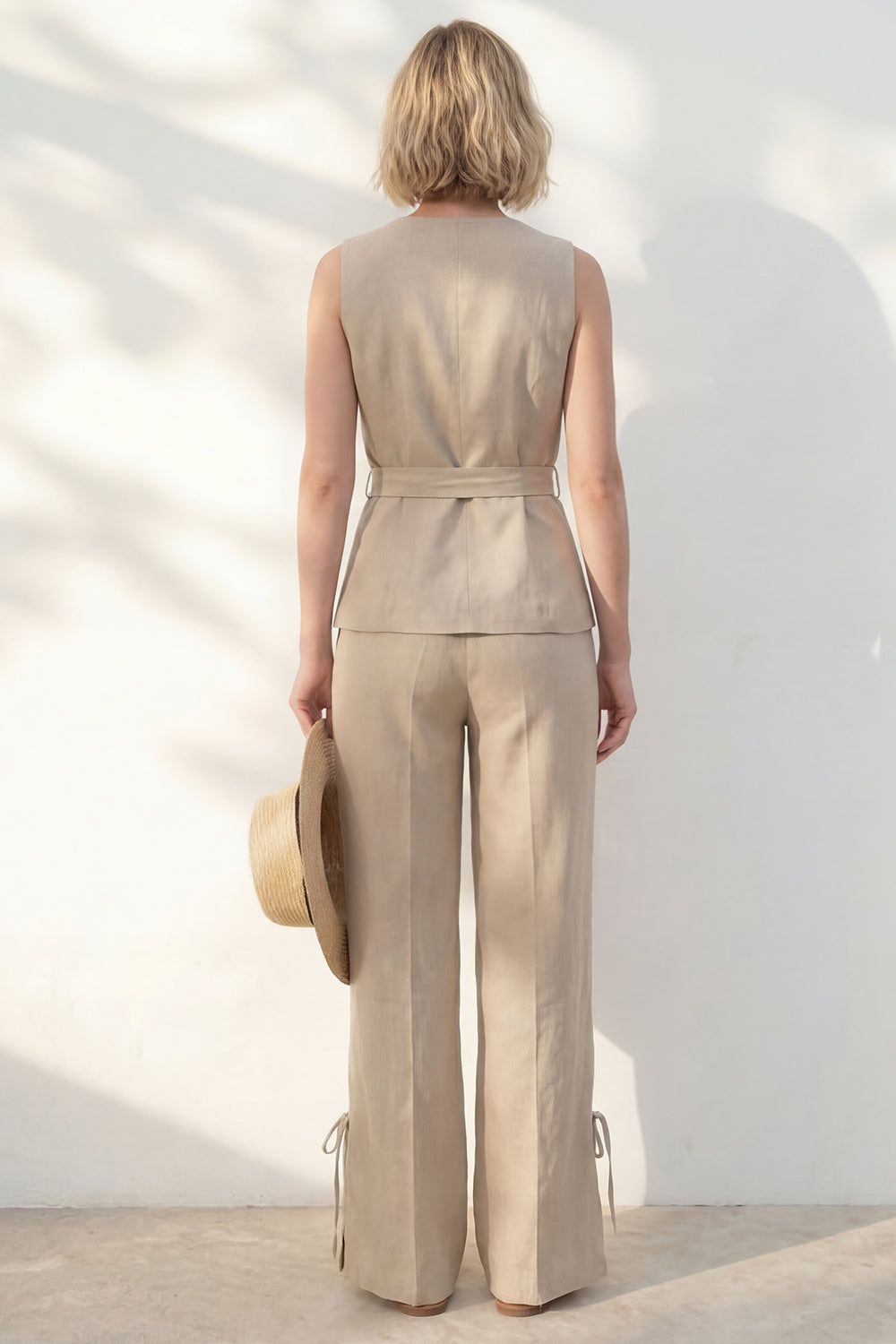 Khaki 2 Piece Sleeveless Wide Leg Business Suits with Sash