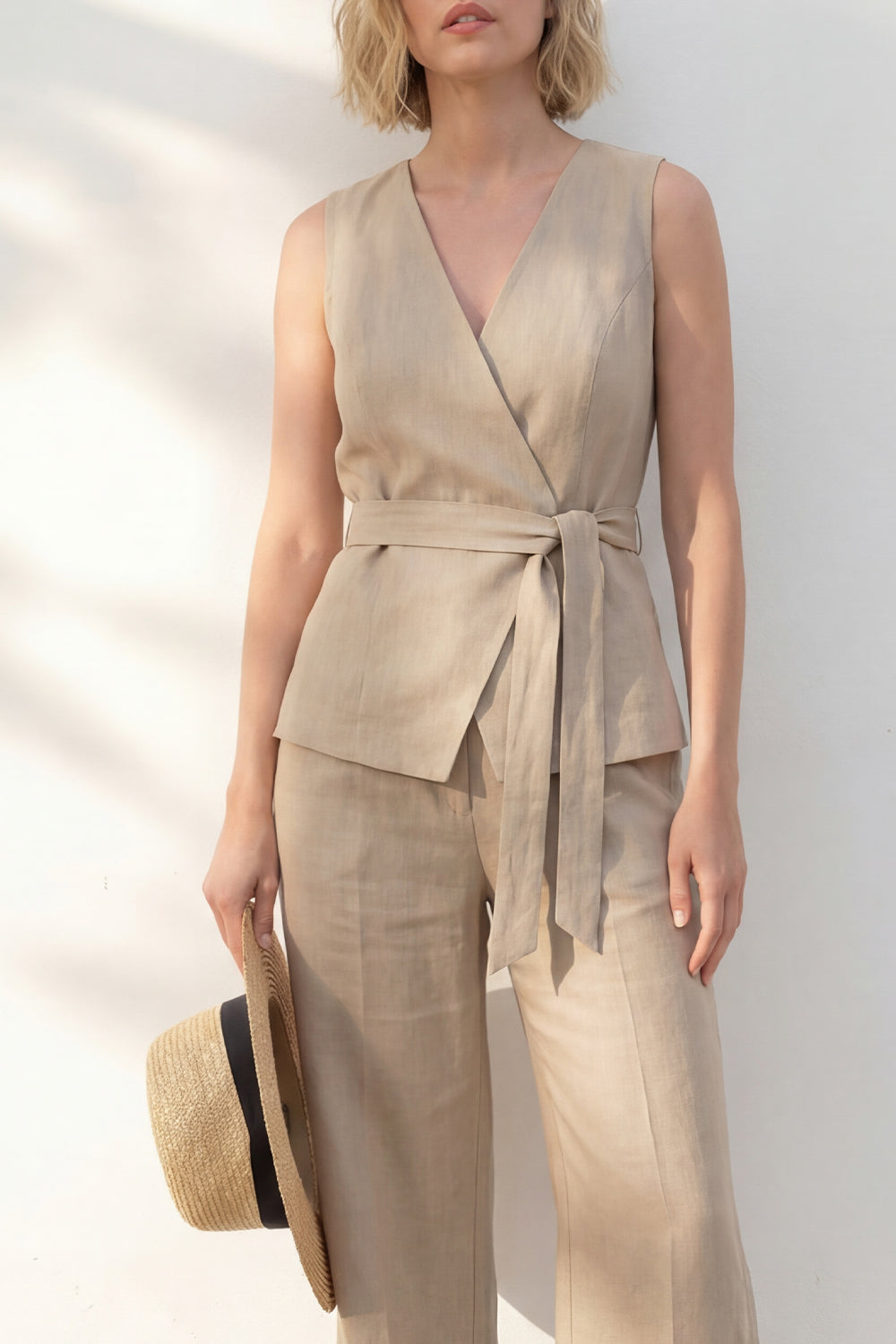 Khaki 2 Piece Sleeveless Wide Leg Business Suits with Sash