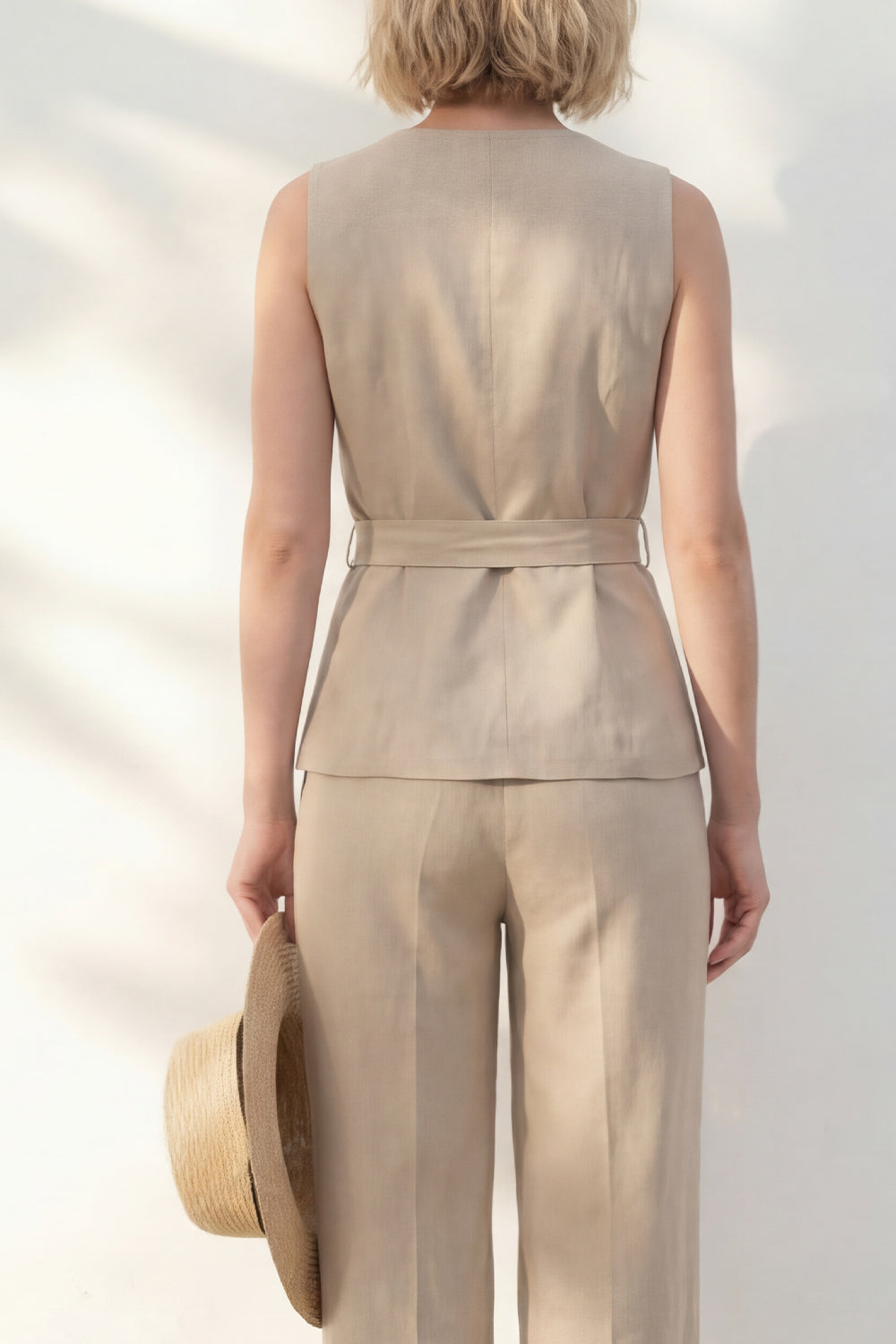 Khaki 2 Piece Sleeveless Wide Leg Business Suits with Sash