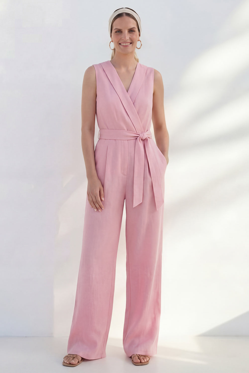 Pink One Piece V Neck Sleeveless Business Jumpsuits with Pockets