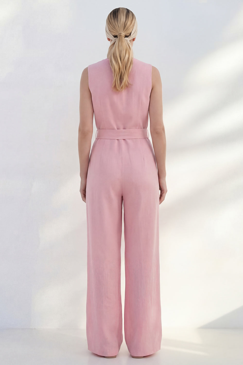 Pink One Piece V Neck Sleeveless Business Jumpsuits with Pockets