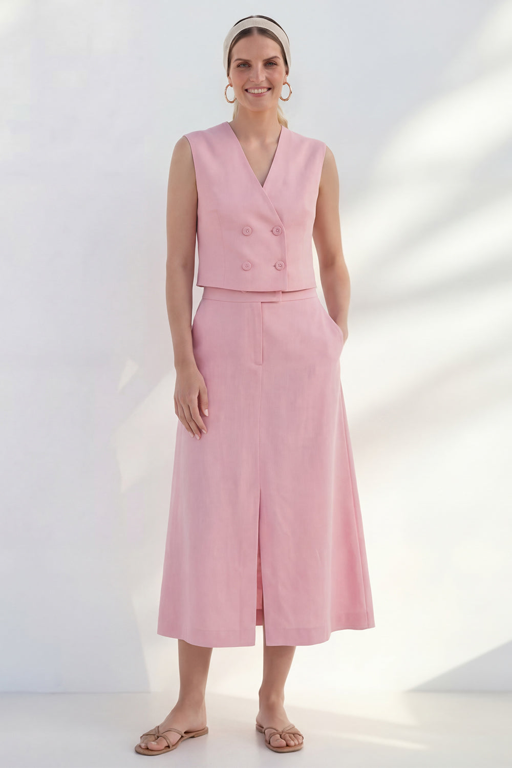 Pink 2 Piece Double Breasted Sleeveless Business Suits with Pockets