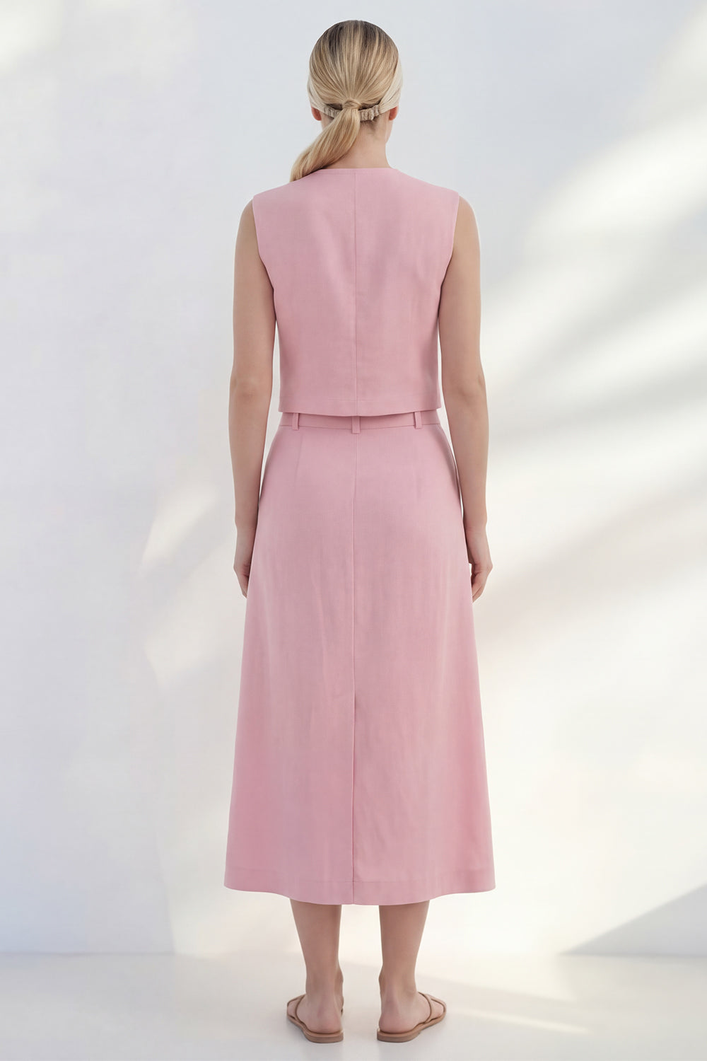 Pink 2 Piece Double Breasted Sleeveless Business Suits with Pockets