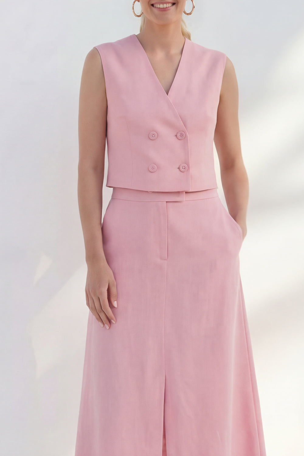 Pink 2 Piece Double Breasted Sleeveless Business Suits with Pockets